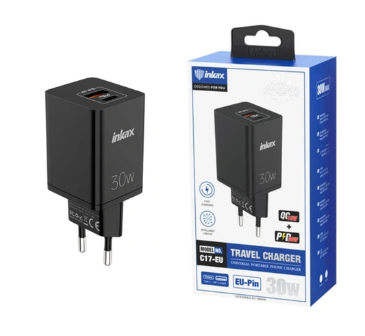 Cargador Inkax USB-A+C PD 30W negro