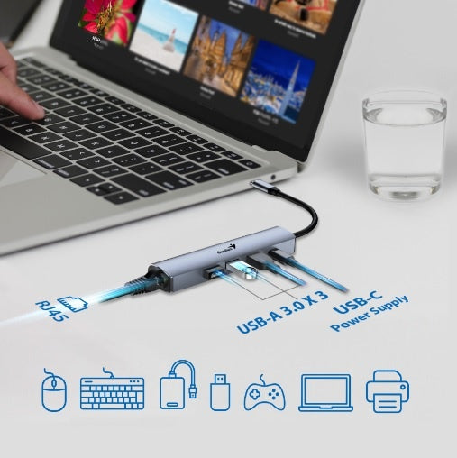Hub Genius USB-C a USB-A y RJ-45
